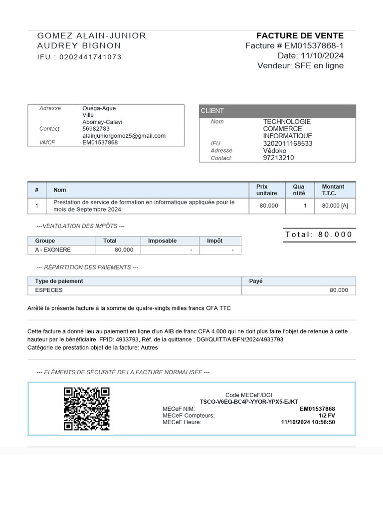 Facture de formation informatique 2024 | PDF | Paiements