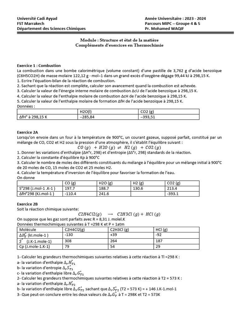 Exercices de Thermochimie 2023-2024 | PDF | Équilibre chimique | Enthalpie