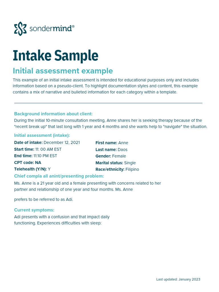 Initial Intake Assessment Example | PDF | Psychotherapy | Occupational ...