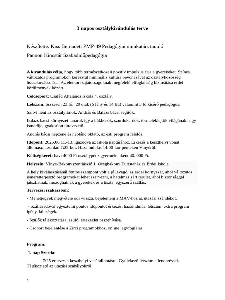 3 Napos Osztálykirándulás | PDF