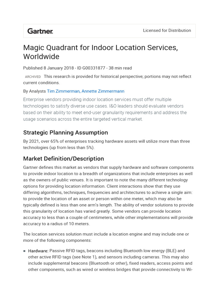 Gartner Magic Quadrant for RTLS 2018 | PDF | Wi Fi | Radio Frequency ...