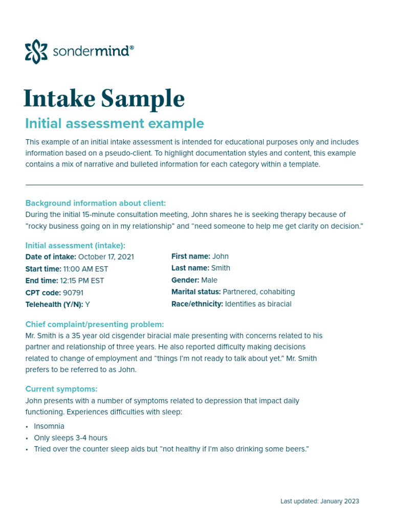 Initial Therapy Intake Assessment Example | PDF | Cost Of Living ...