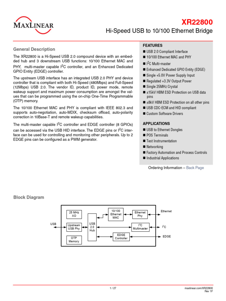 USB to Ethernet Bridge XR22800 | PDF | Usb | Input/Output