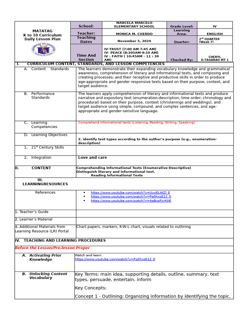 Grade IV English Lesson Plan: Text Comprehension | PDF | Reading ...