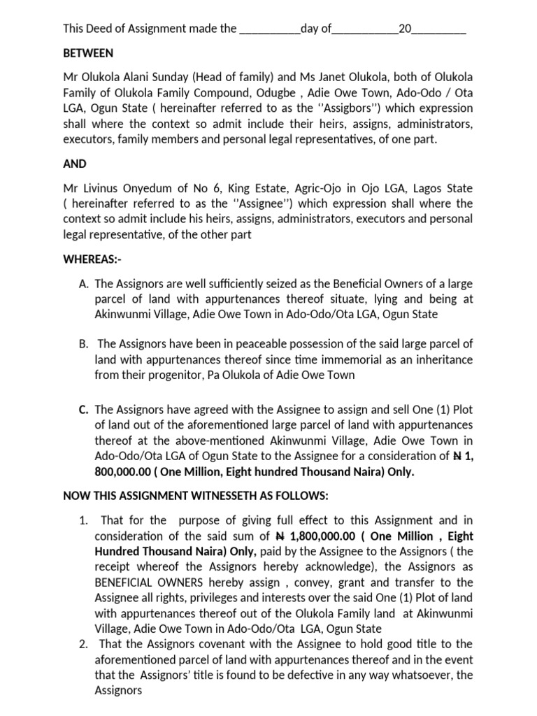 Deed of Assignment for Land in Ogun State | PDF