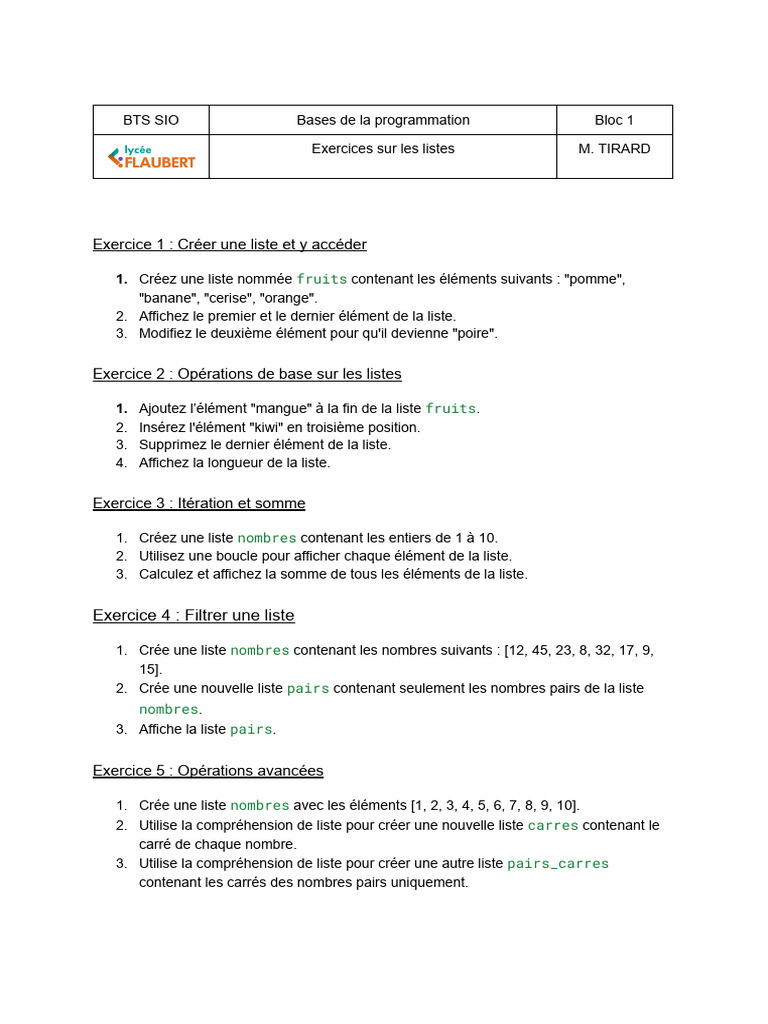 Exercices sur les listes en Python | PDF