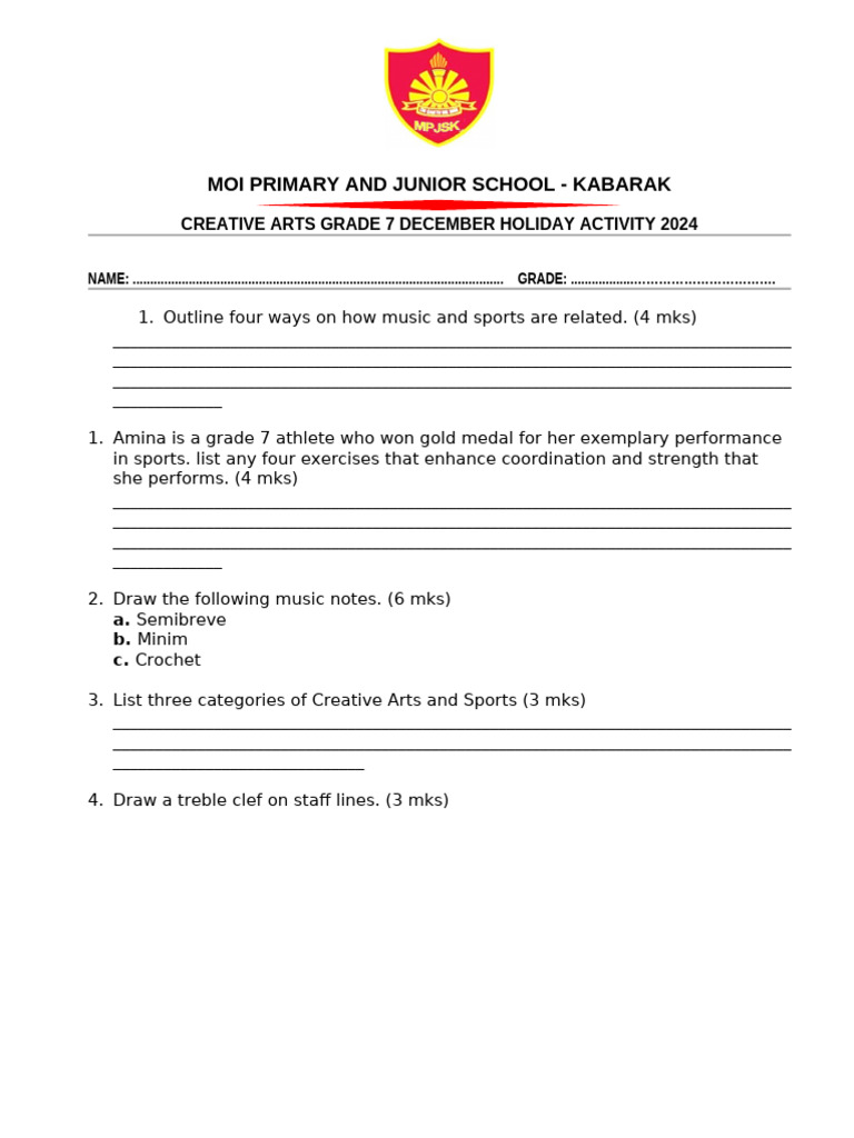 Grade 7 Creative Arts Holiday Activity | PDF | Musical Notation ...