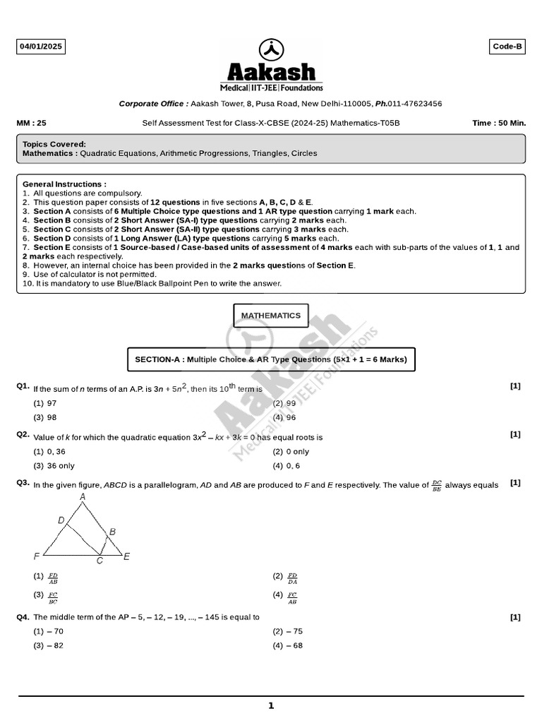Self Assessment Test-5B (CBSE) Mathematics (C-10) (04-01-2025) | PDF