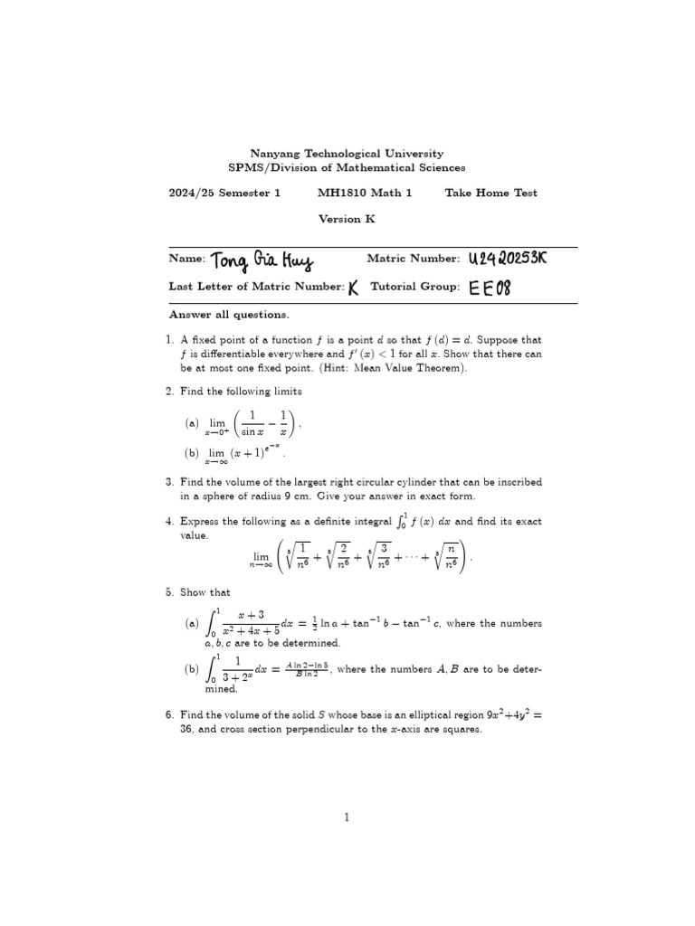 Math 1 Take Home Test 2024/25 | PDF