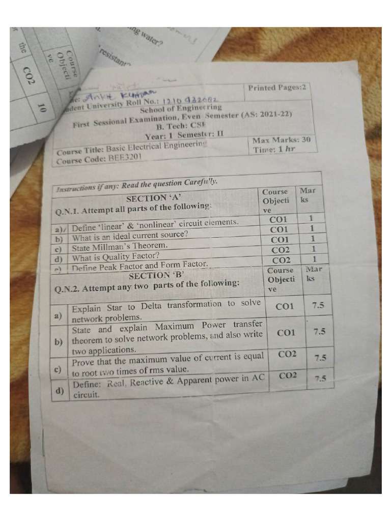 BBDU - BASIC ELECTRICAL ENGINEERING - 2021 - Sessional 1 - BASIC ...