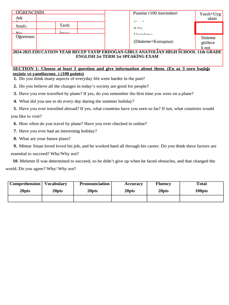 11th Grade English Speaking Exam Guide | PDF