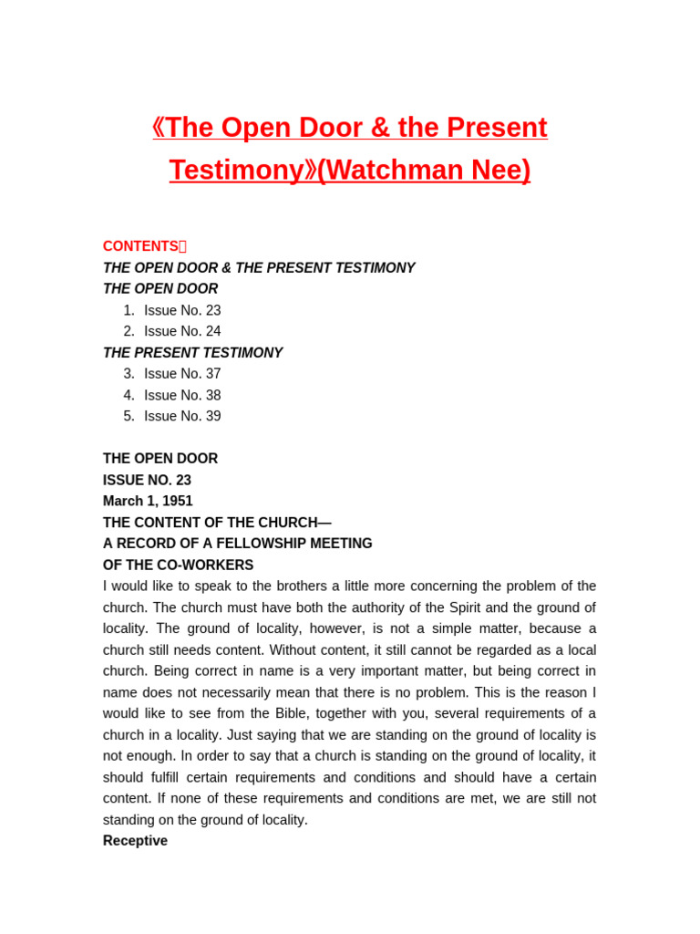 The Open Door & The Present Testimony (Watchman Nee) | PDF | Biblical ...