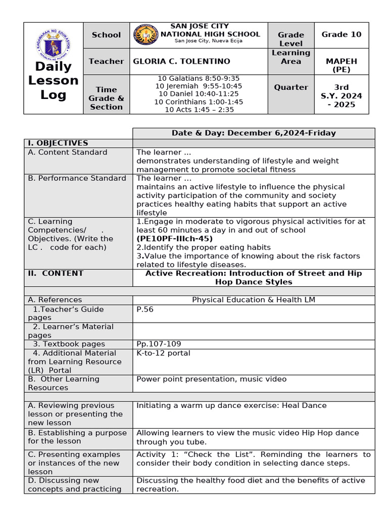 Grade 10 MAPEH Daily Lesson Log | PDF | Learning | Dances