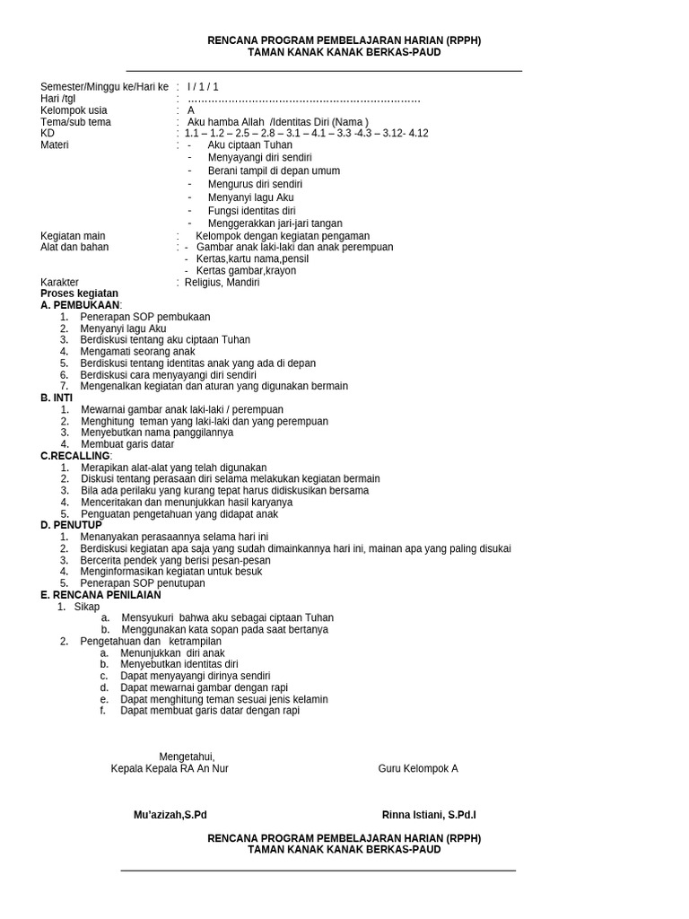 RPPH Tema Diriku 4-5 Tahun Semester I | PDF