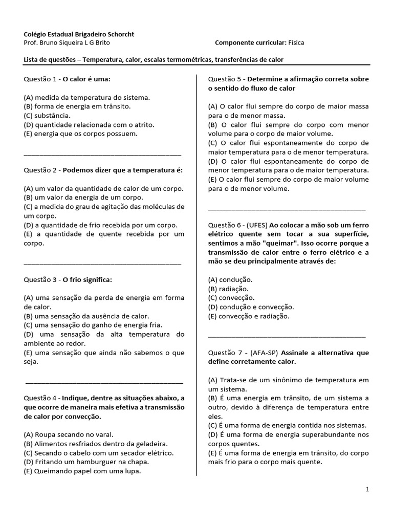 Questões sobre Calor e Temperatura | PDF | Calor | Temperatura