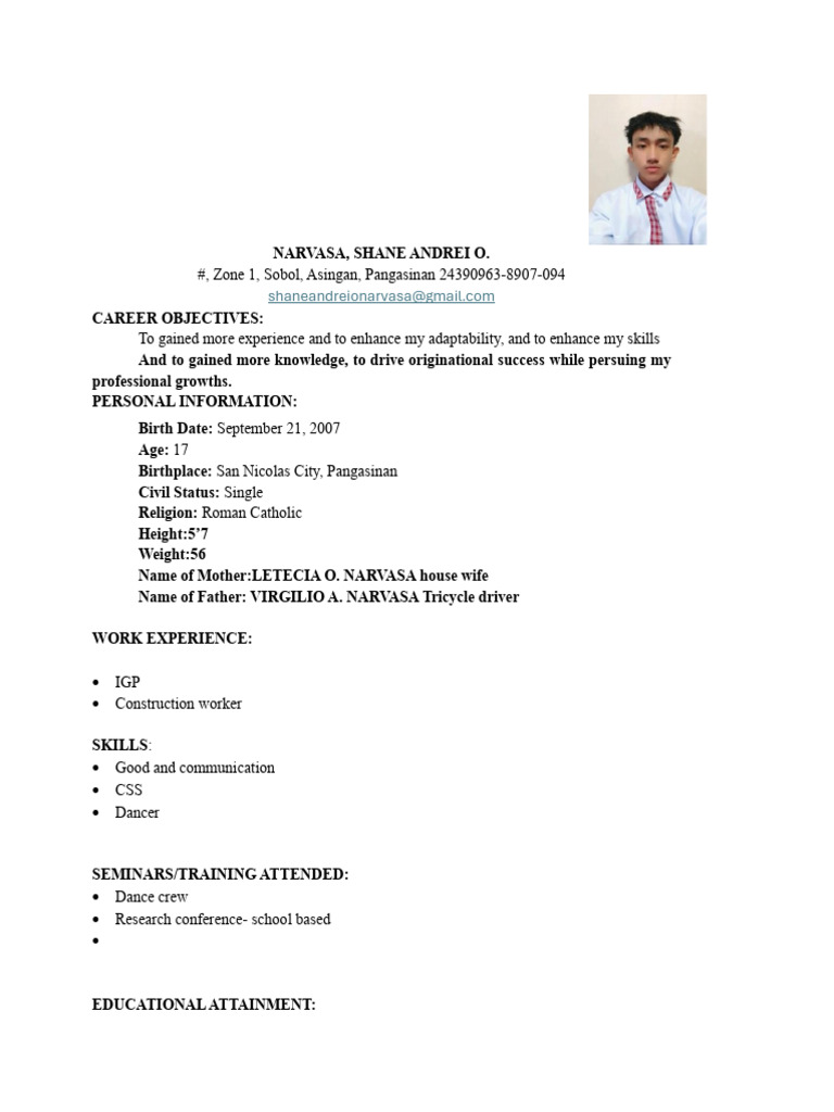 Shane Andrei Narvasa Resume | PDF