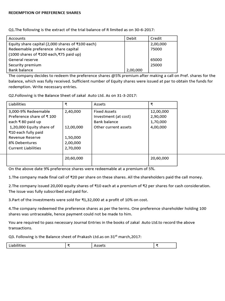 Journal Entries for Preference Share Redemption | PDF | Equity (Finance ...