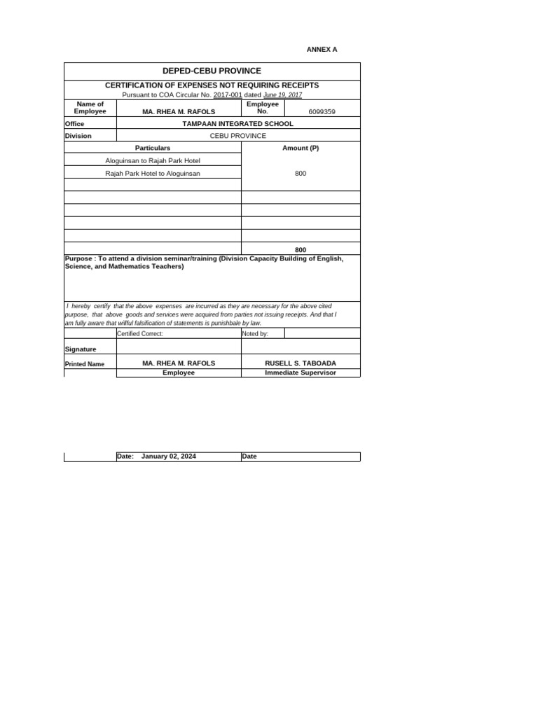 Certification of Expenses Without Receipts | PDF | Expense | Income