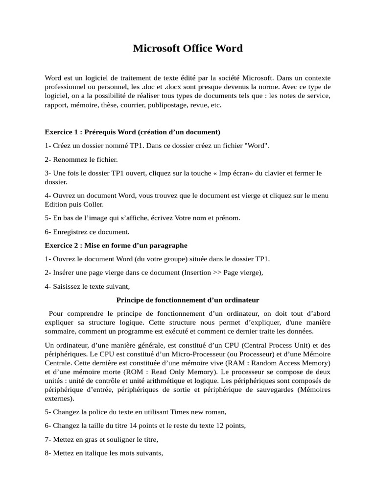 Guide des Travaux Pratiques Word | PDF | Microsoft Word | Matériel ...