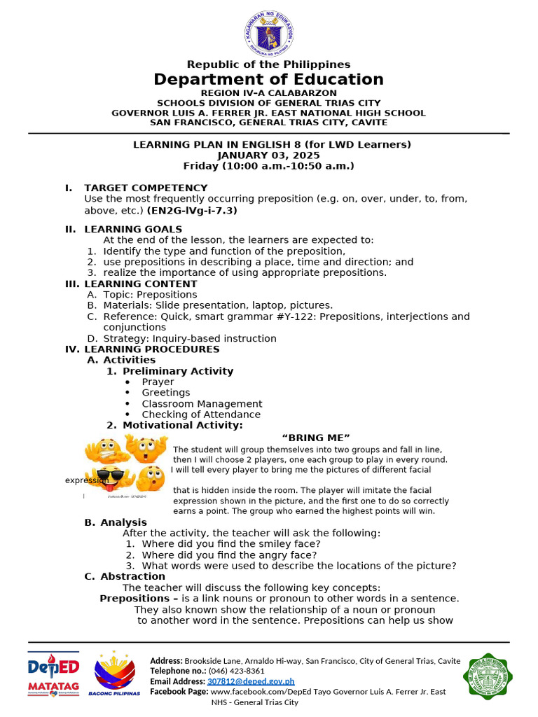 English 8 Learning Plan: Prepositions | PDF | Linguistics | Syntax