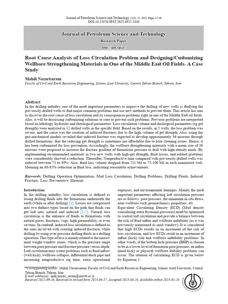 Root Cause Analysis of Lost Circulation Problem IRan 2023 | PDF ...