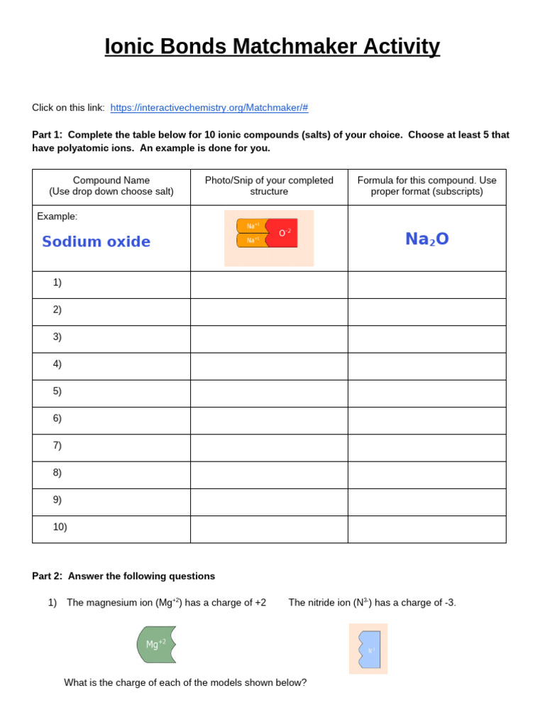 Ionic Bonds Matchmaker Activity Guide | PDF