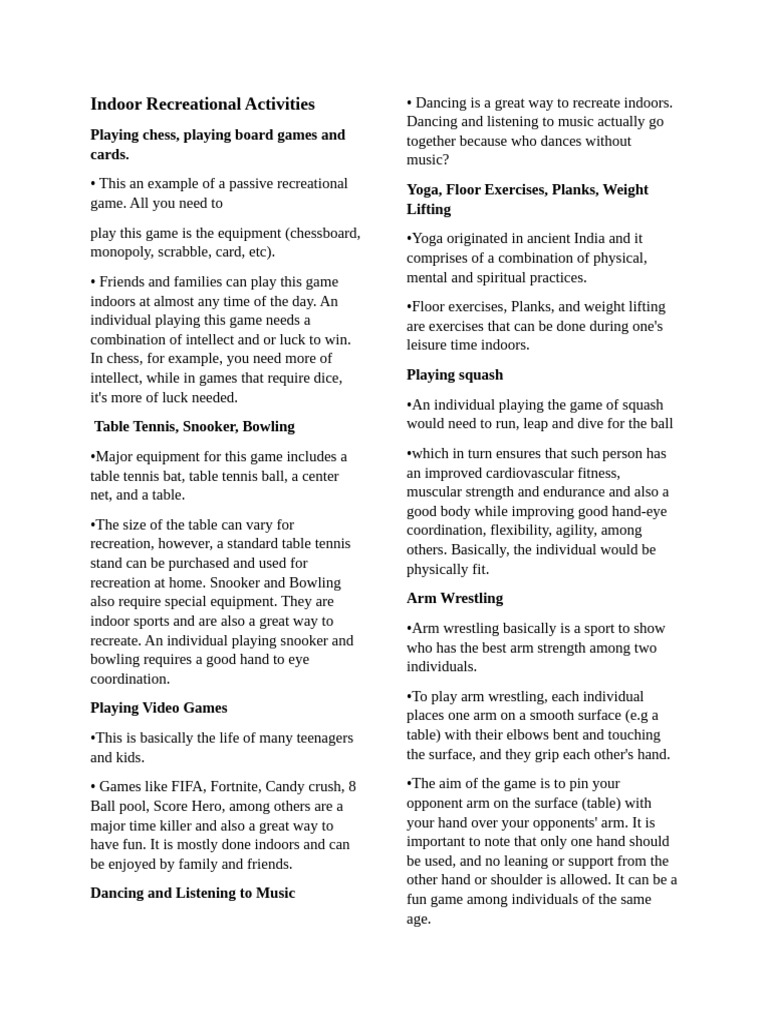 Indoor Recreational Activities Guide | PDF | Snorkeling | Scuba Diving
