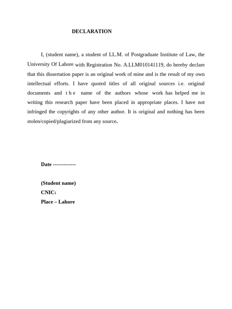 Originality Declaration for LL.M. Dissertation | PDF