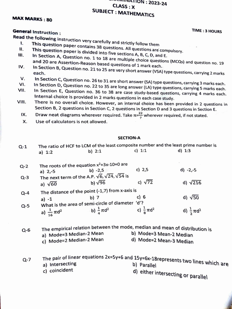 Class X Mathematics Question Paper 2023-24 | PDF | Area | Elementary ...