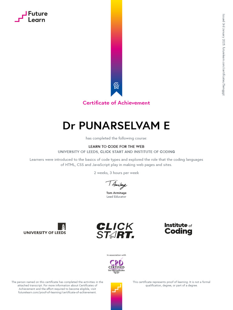 Web Coding Certificate Achievement | PDF | World Wide Web | Internet & Web