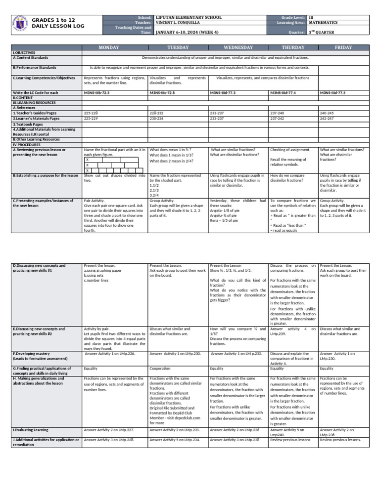 DLL - Mathematics 3 - Q3 - W3 | PDF | Learning | Teaching