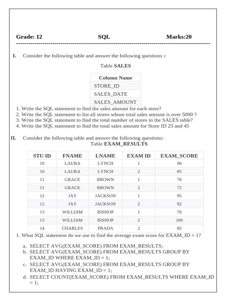 SQL Queries for Sales and Exam Data | PDF | Information Technology ...