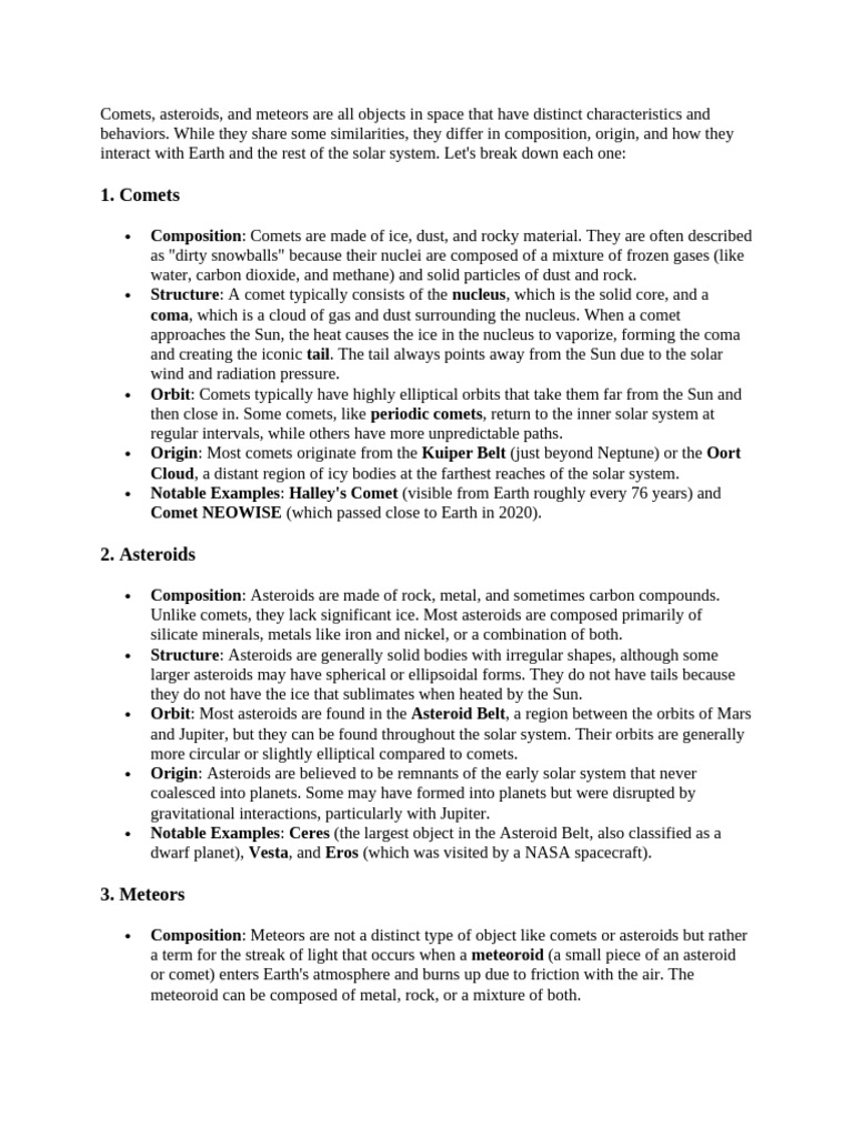 Comets Asteroids and Meteors | PDF | Comet | Asteroid