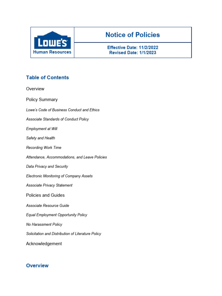 Lowe's Associate Policy Overview | PDF | Privacy | Business Ethics