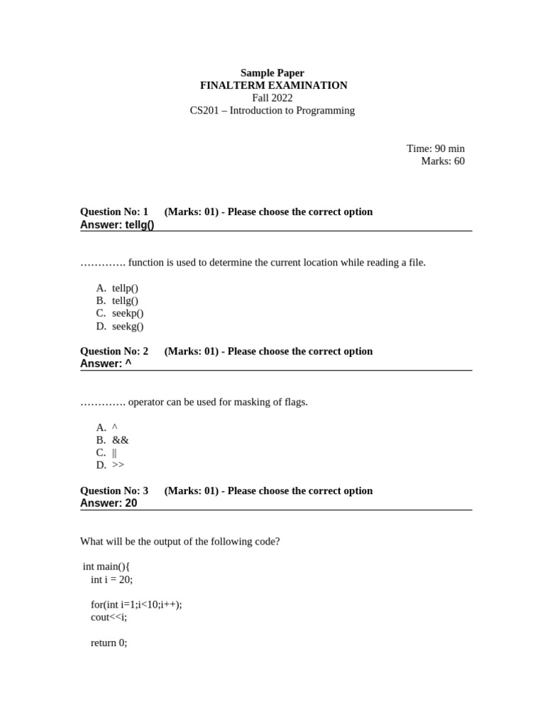 CS201 Fall 2022 Final Exam Questions | PDF | C++ | Pointer (Computer ...