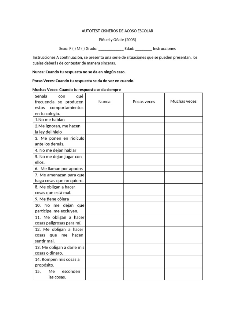 Autotest Cisneros de Acoso Escolar | PDF