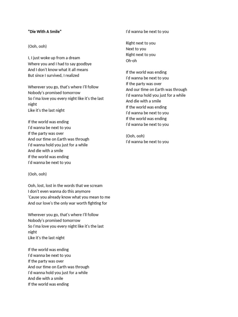 Die With A Smile Song Lyrics PDF
