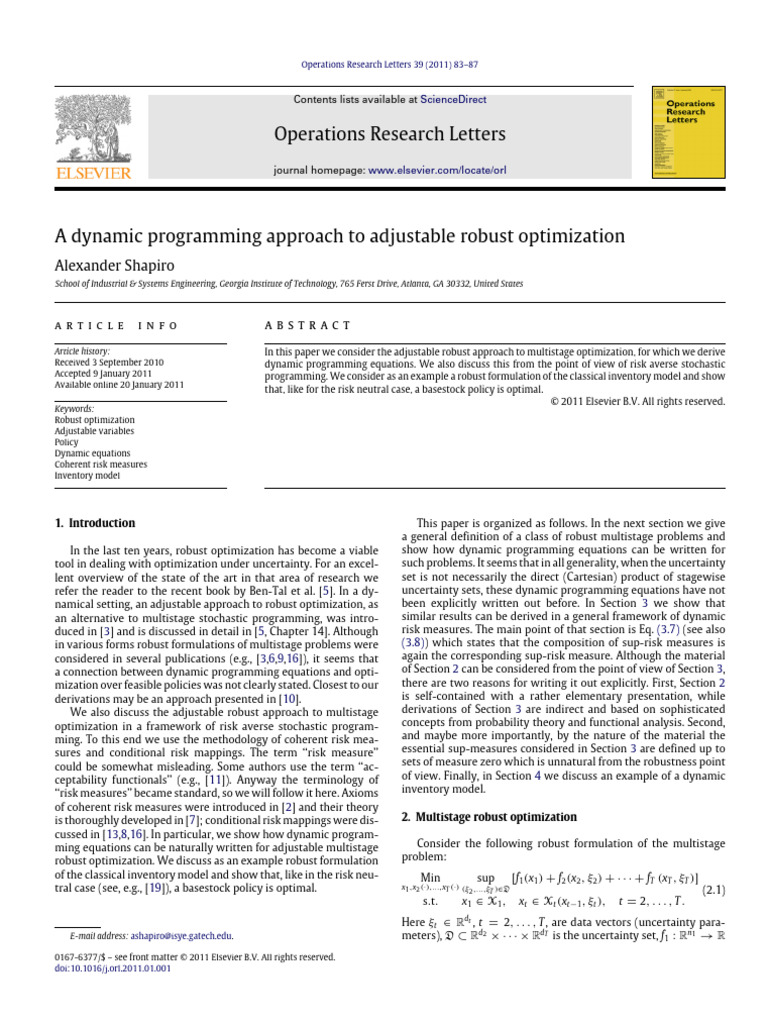 Dynamic Programming in Robust Optimization | PDF | Mathematical ...