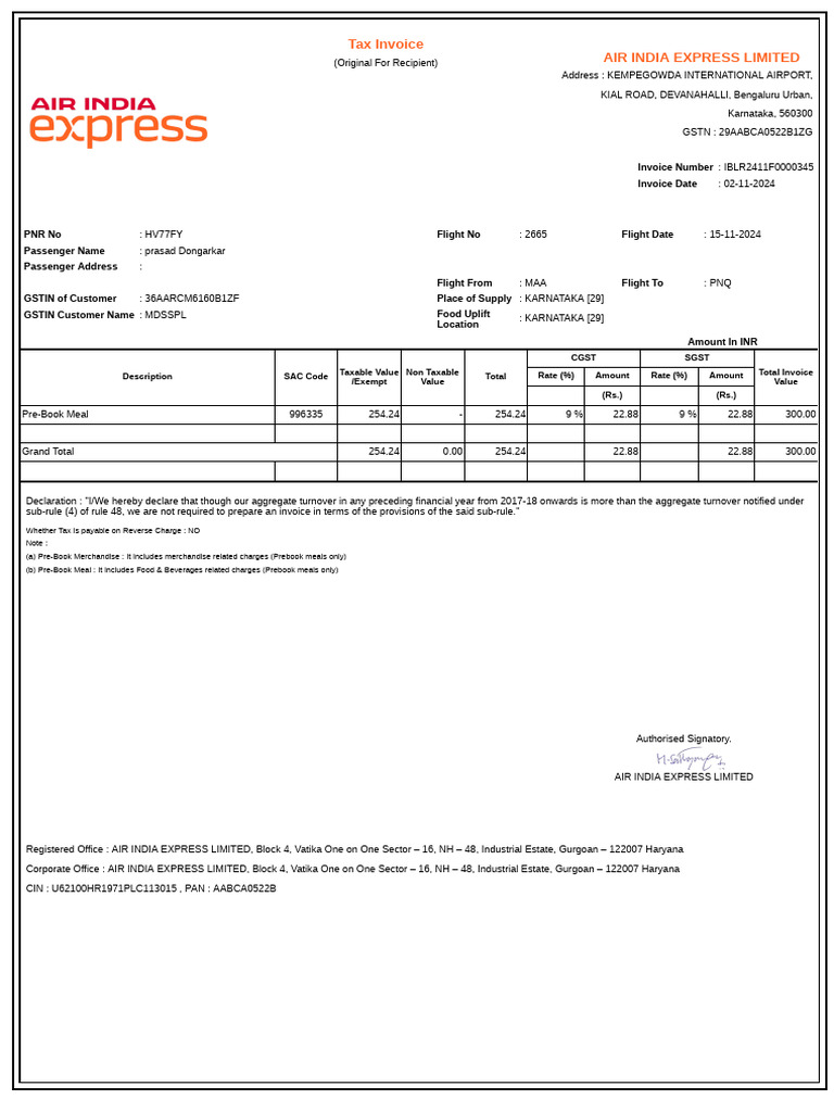 Air India Express Tax Invoice Details | PDF | Invoice | Economies