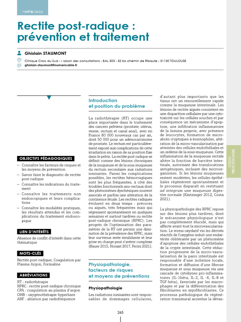 Rectite post-radique : prévention et traitement | PDF | Radiothérapie ...