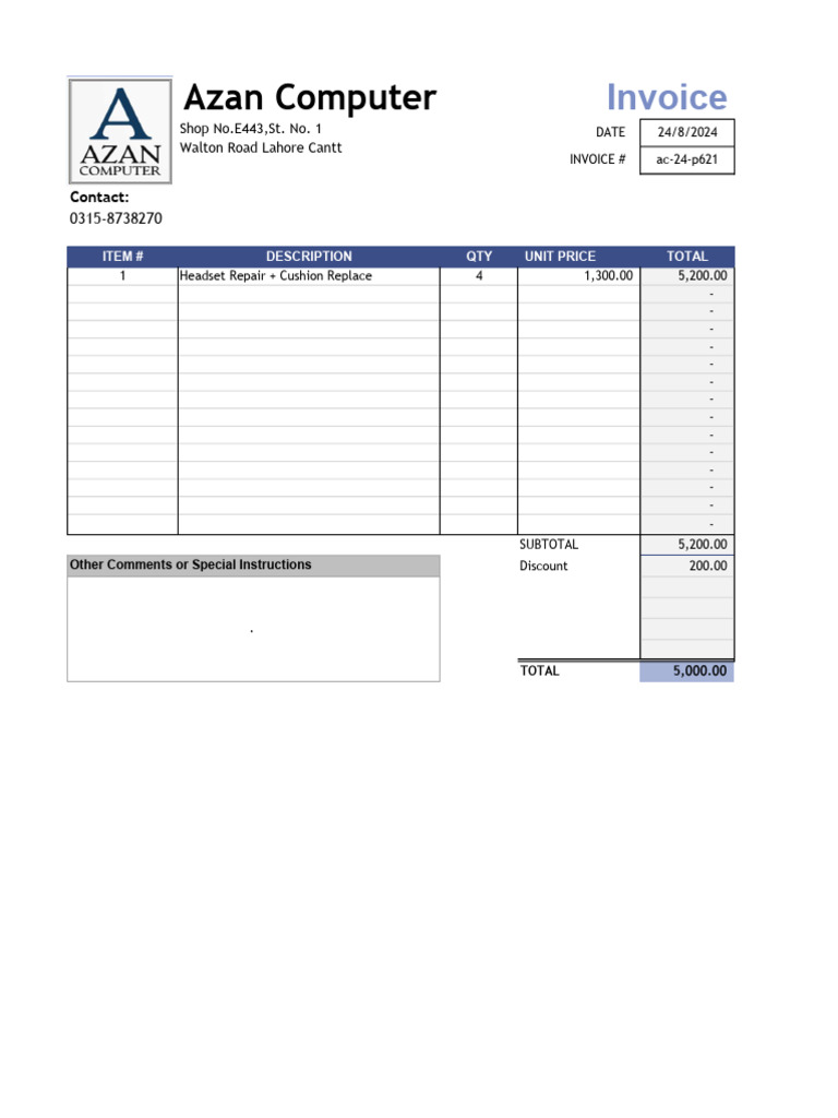 Azan Computer Invoice for Headset Repair | PDF