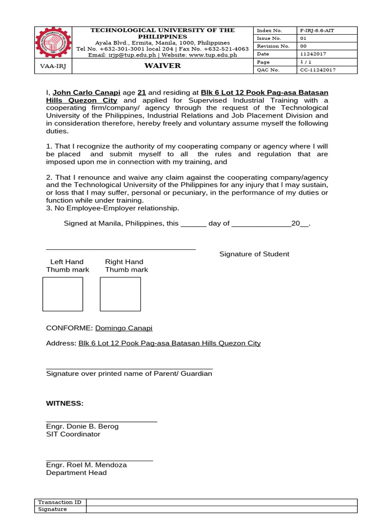 TUP Supervised Industrial Training Waiver | PDF