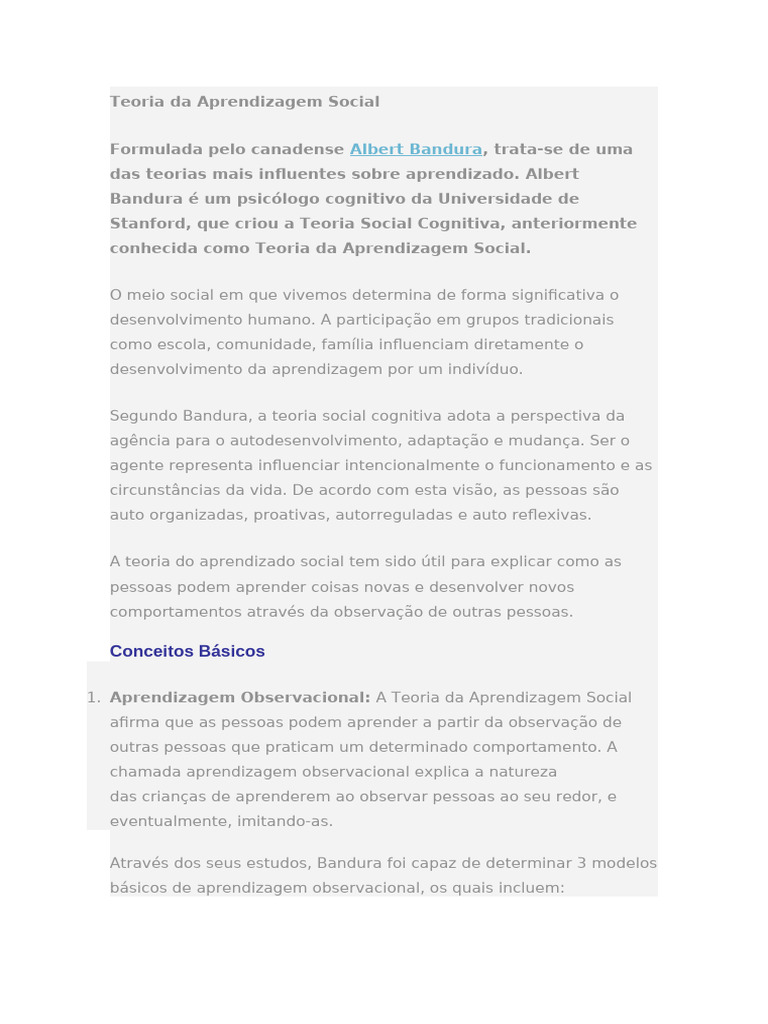 Teoria da Aprendizagem Social de Bandura | PDF | Aprendizado | Sociologia