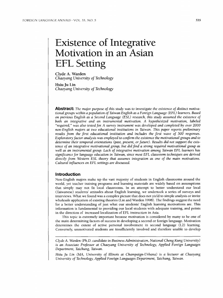 Integrative Motivation in Taiwan EFL | PDF | English As A Second Or ...