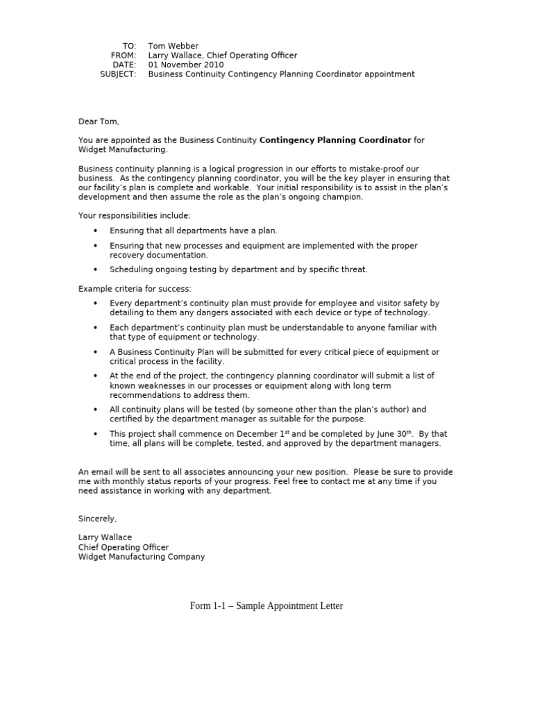 Appointment as Contingency Planning Coordinator | PDF