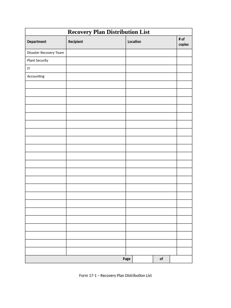 Form 17-1 Recovery Plan Distribution List | PDF