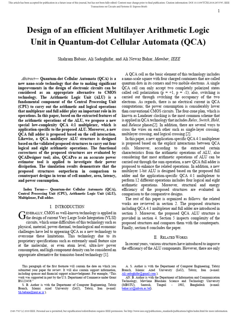 QCA ALU Design for Nano-Tech Circuits | PDF | Digital Electronics ...