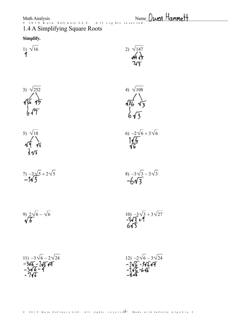 1.4-A - Simplifying Square Roots+ | PDF