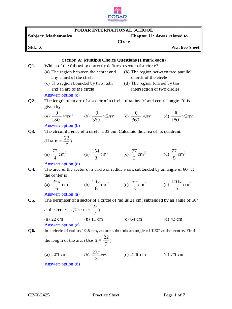 Circle Area Practice Sheet for Class X | PDF | Area | Circle