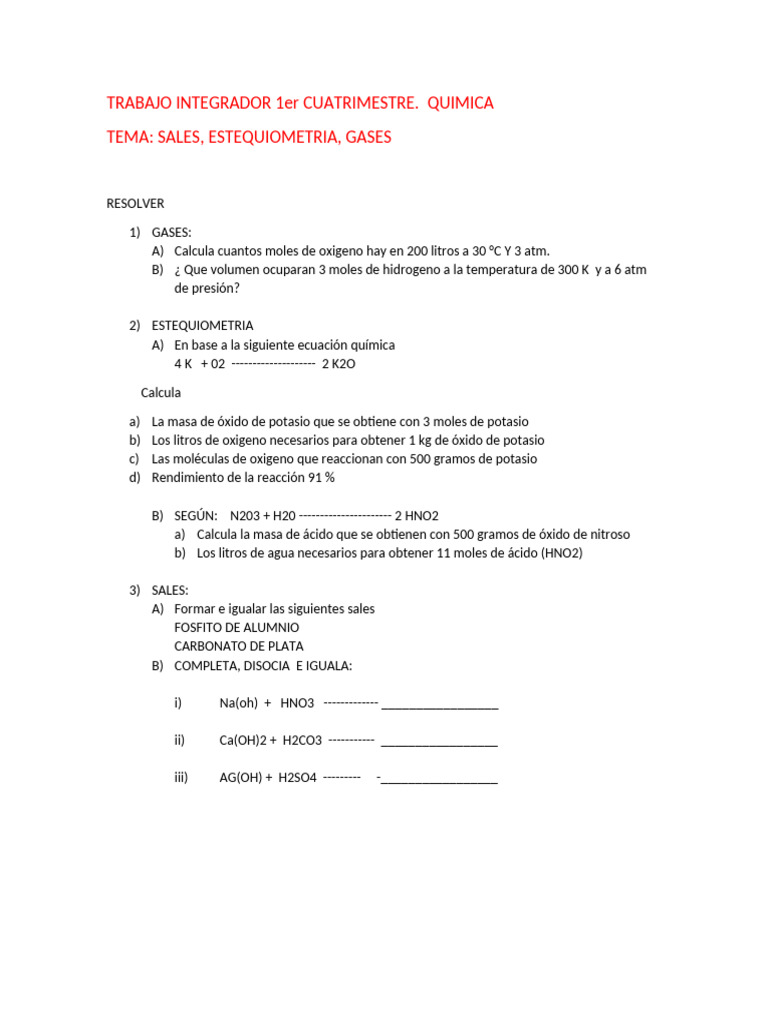 Ejercicios de Química: Gases y Estequiometría | PDF